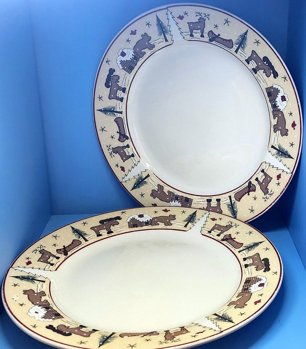 READ FLAW~ 2 Ginger Creek Dinner Plates 10.5" MEIWA Art Northwoods Moose Cabin